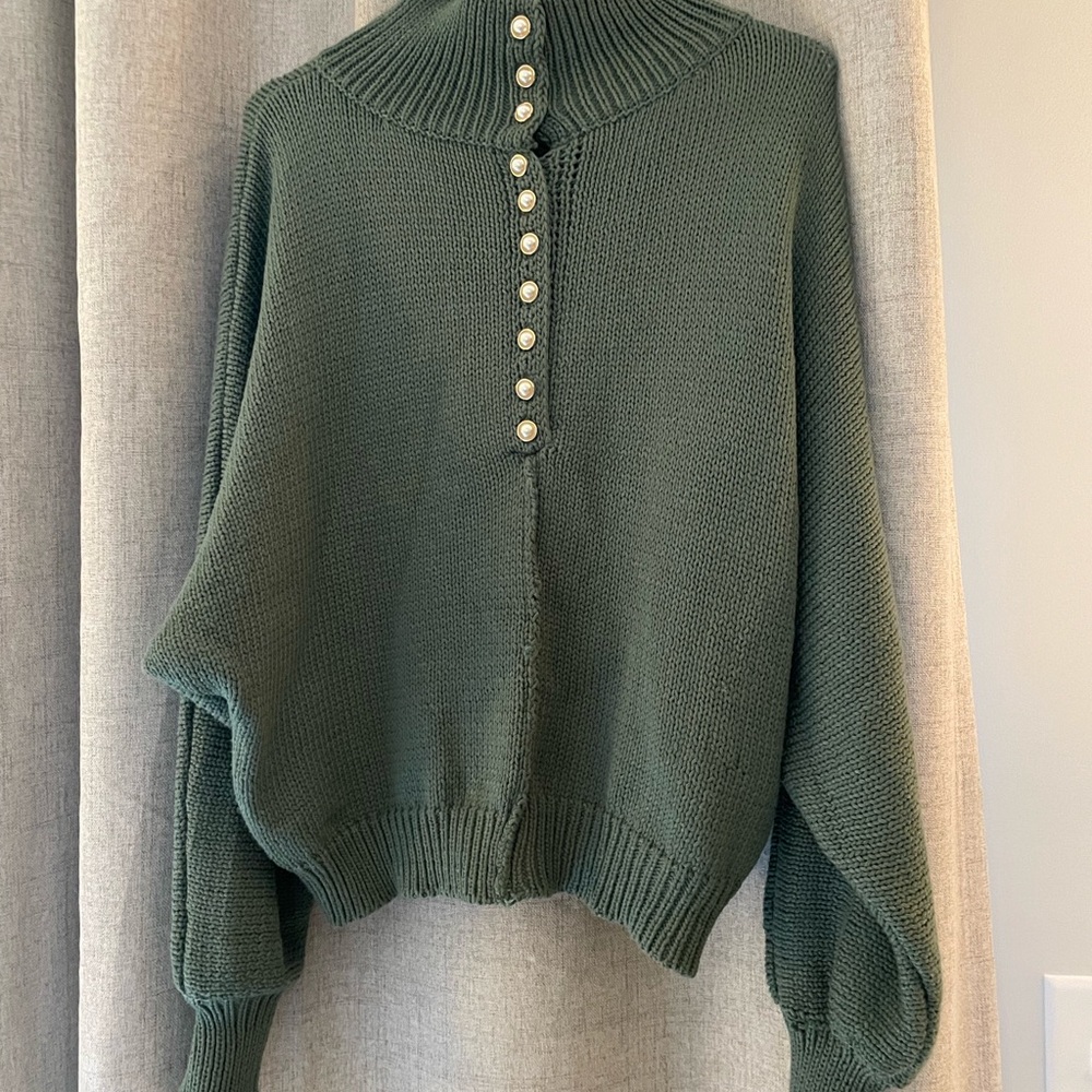 Green Turtleneck Sweater with Button Detail